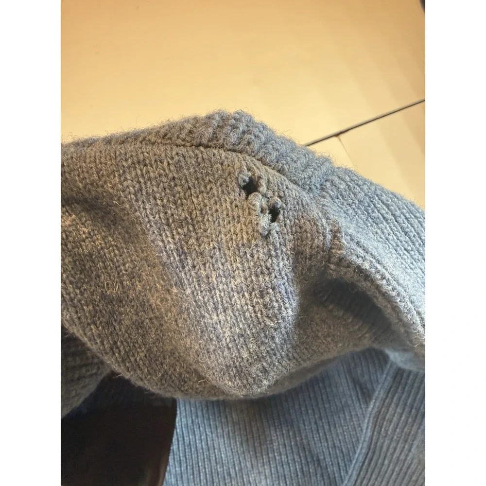 LL Bean Sweater Mens Blue Merino Lambswool 1/4 Zip Brown Collar‎ 237808 Large